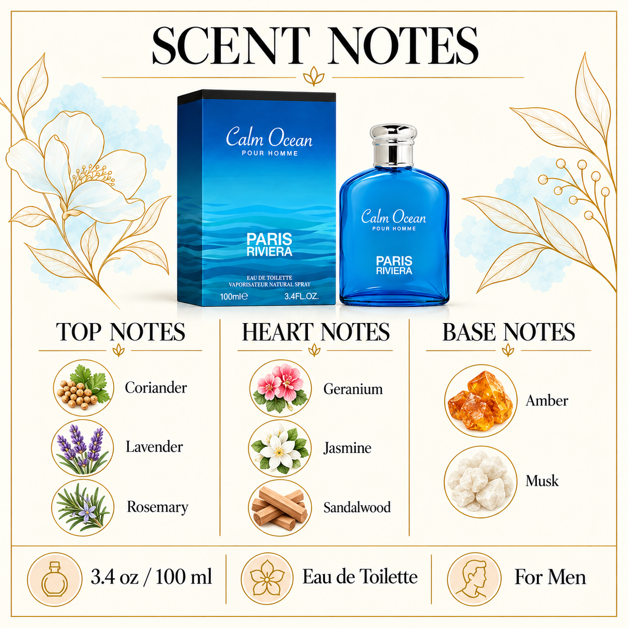 Riviera Calm Ocean by Paris 3.4 Oz Eau De Toilette Spray for Men - Notes [Drive:1r9tdue30Ms24T2erVNX0v0Y8Q9QegmS9]
