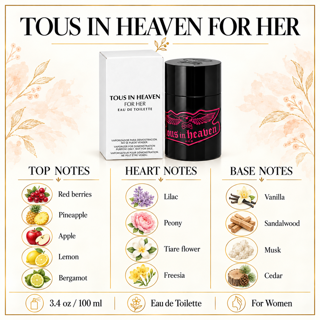 In Heaven by Tous 3.4 Oz Eau De Toilette Spray for Women Tester - Notes [Drive:1NZaIlNsQ9iDS8NzNKwa9BrZGsBswjrDe]