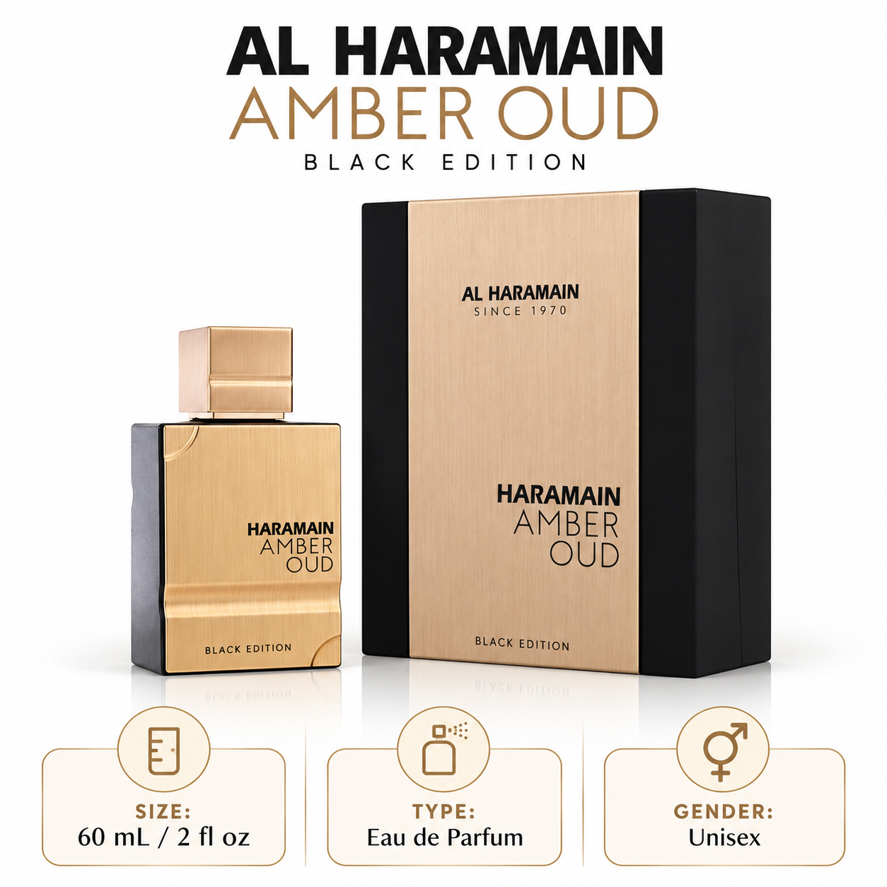 AL HARAMAIN AMBER OUD BLACK EDITION 60 mL / 2 fl oz Eau de Parfum Unisex — size, type and gender