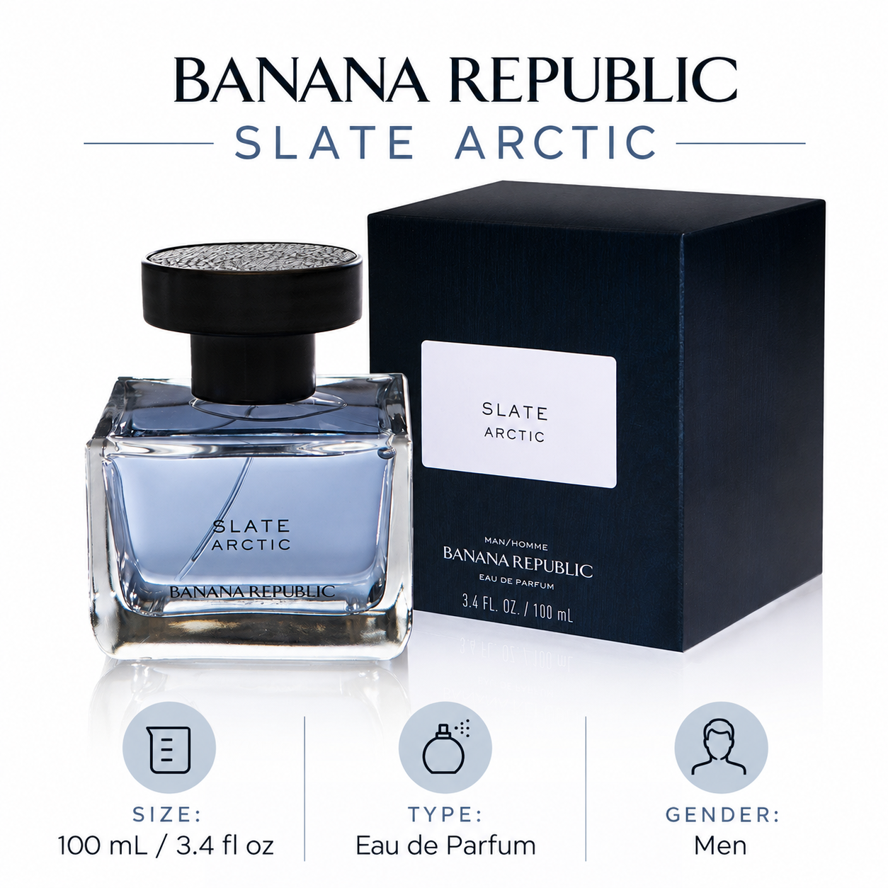 BANANA REPUBLIC SLATE ARCTIC 100 mL / 3.4 fl oz Eau de Parfum Men — size, type and gender