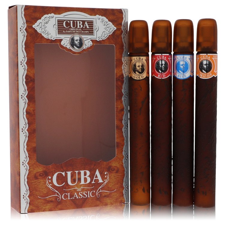 Cuba Gold Cologne by Fragluxe Gift Set -- Cuba Variety Set includes All Four 1.15 oz Sprays, Cuba Red, Cuba Blue, Cuba Gold and Cuba Orange for Men - Authentic Fragrance - Discount Men Perfume or Cologne Fragrance