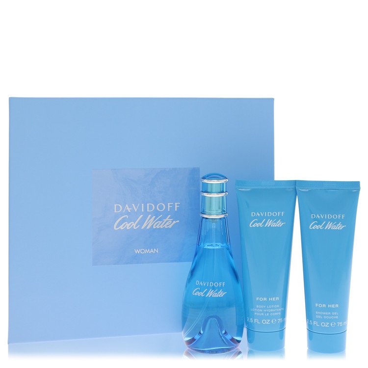Cool Water Perfume by Davidoff Gift Set -- 3.4 oz Eau De Toilette Spray + 2.5 oz Body Lotion + 2.5 oz Shower Gel for Women - Authentic Fragrance - Discount Women Perfume or Cologne Fragrance