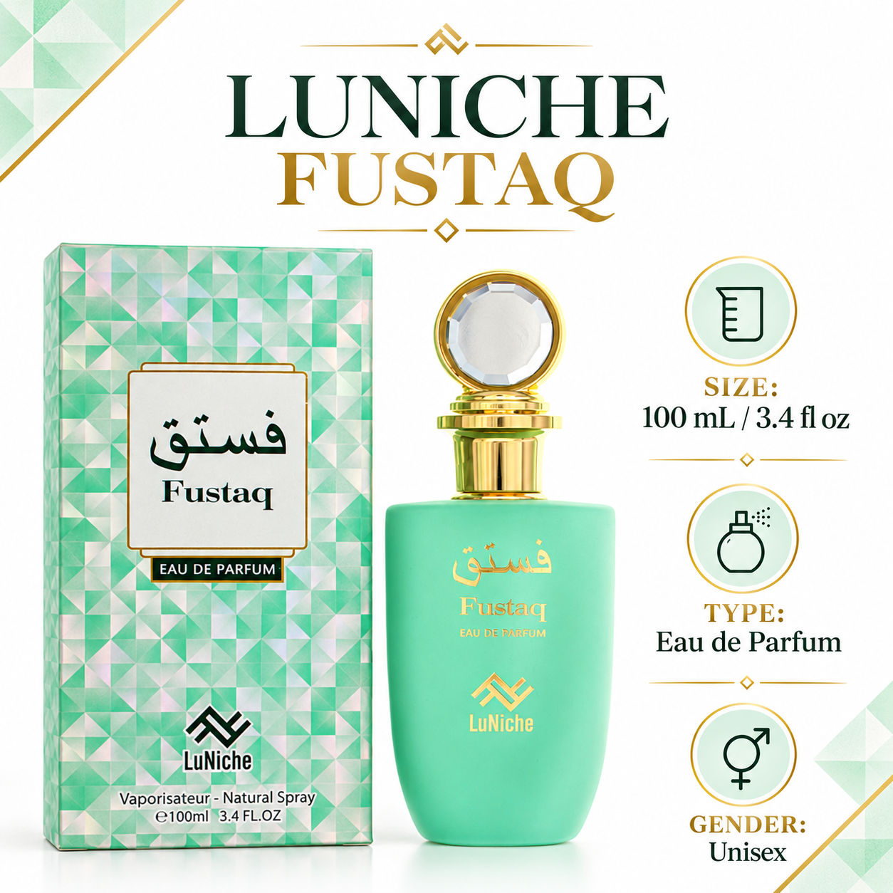 LUNICHE FUSTAQ 100 mL / 3.4 fl oz Eau de Parfum Unisex — size, type and gender