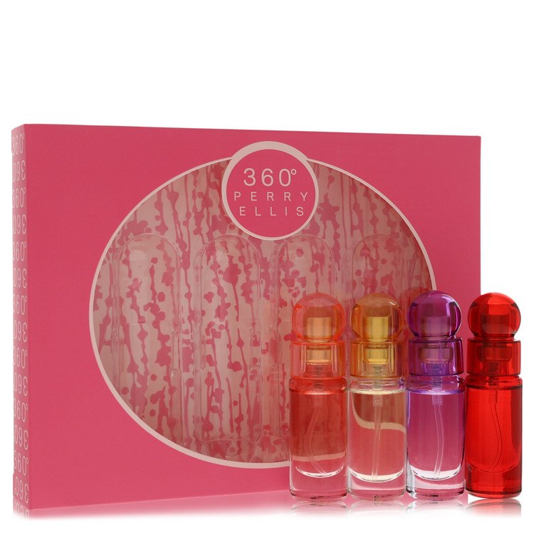 perry ellis 360 Perfume by Perry Ellis Gift Set -- Four piece Travel Gift Set Includes .25 oz Mini Eau De Parfum Spray of each. 360 Coral, 360 For Women, 360 Purple, 360 Red. for Women - Authentic Fragrance - Discount Women Perfume or Cologne Fragrance