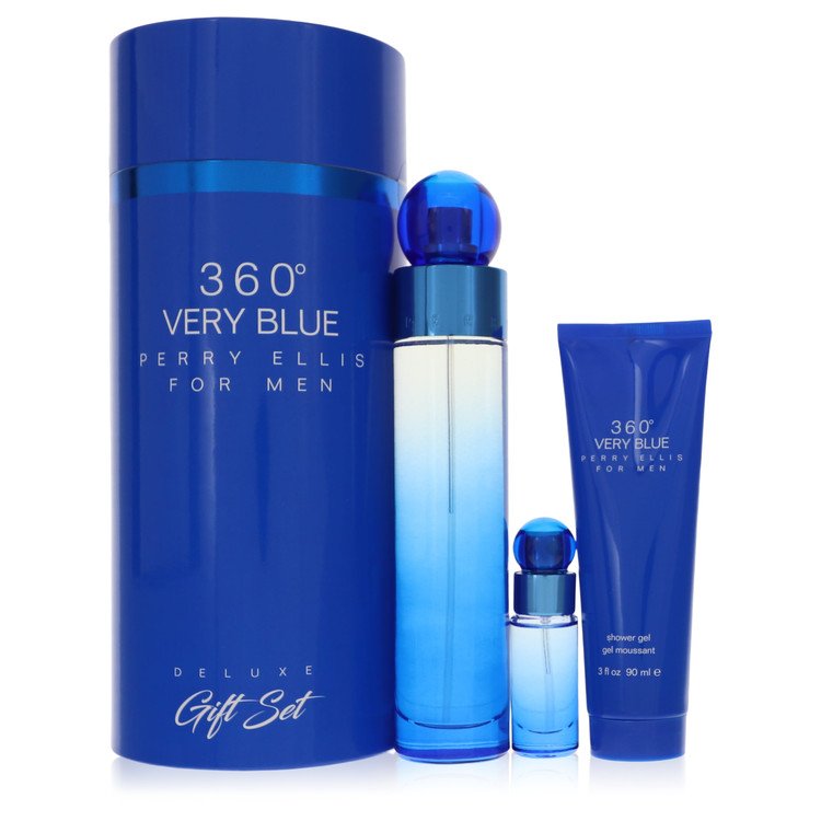 Perry Ellis 360 Very Blue Cologne by Perry Ellis Gift Set -- 3.4 oz Eau De Toilette Spray + .25 oz Mini EDT Spray + 3 oz Shower Gel for Men - Authentic Fragrance - Discount Men Perfume or Cologne Fragrance