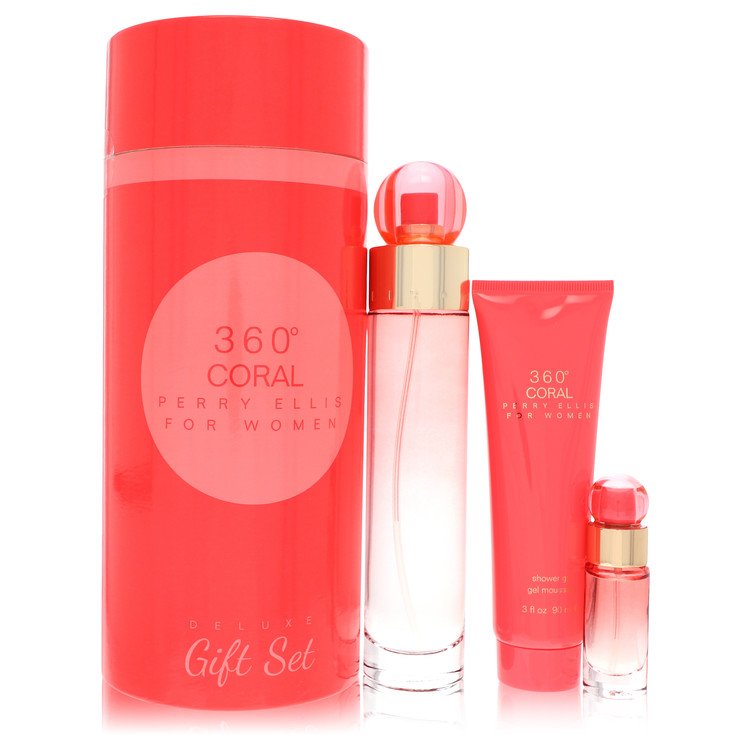 Perry Ellis 360 Coral Perfume by Perry Ellis Gift Set -- 3.4 oz Eau de Parfum Spray + .25 oz Mini EDP Spray + 3 oz Shower Gel for Women - Authentic Fragrance - Discount Women Perfume or Cologne Fragrance
