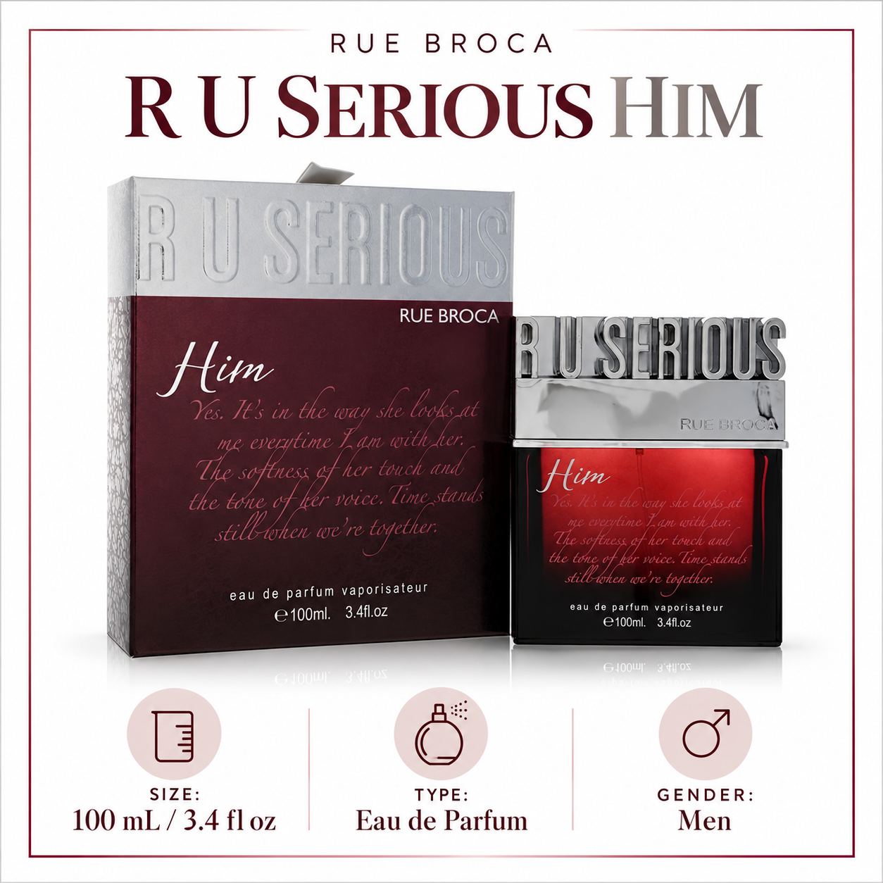 R U Serious Him by Rue Broca 3.4 oz Eau De Parfum Spray for Men — size, type and gender