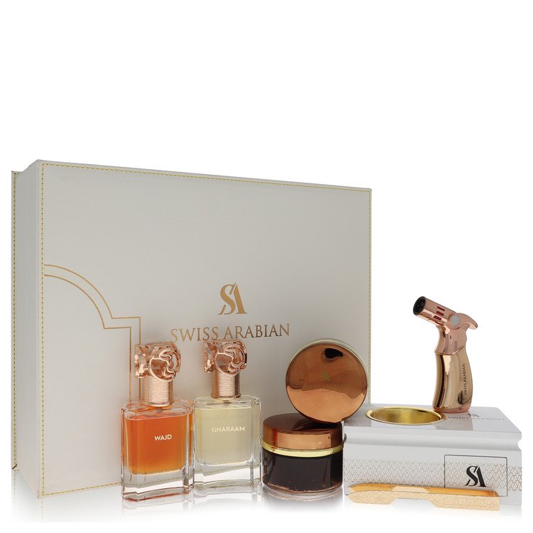 Swiss Arabian Bakhoor Dukhoon Al Haram Cologne by Swiss Arabian Gift Set -- Gift Set contains 2 x 1.7 oz Eau De Parfum in Wajd & Gharaam + 2 x 60 grams of Incense in Dukhoon Al Haram & Oud Muattar Mumtaz for Men - Authentic Fragrance - Discount Men Perfume or Cologne Fragrance