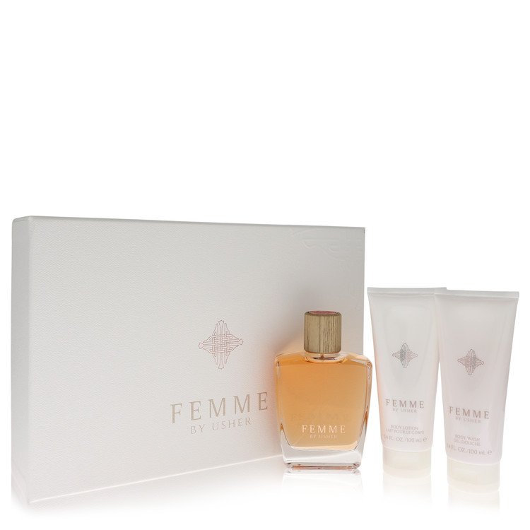 Usher Femme Perfume by Usher Gift Set -- 3.4 oz Eau De Parfum Spray + 3.4 oz Body Lotion + 3.4 oz Shower Gel for Women - Authentic Fragrance - Discount Women Perfume or Cologne Fragrance