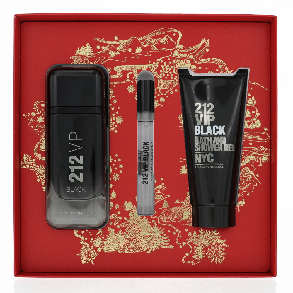 212 Vip Black Cologne By Carolina Herrera 3 Piece Gift Set - 3.4 Oz Eau De Parfum Spray, 0.34 Oz Eau De Parfum Spray, 3.4 Oz Bath And Shower Gel For Men In Gift Set