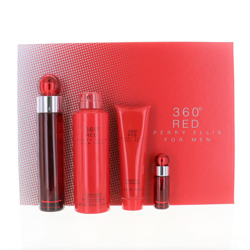 Perry Ellis 360 Red Cologne By Perry Ellis 4 Piece Gift Set - 3.4 Oz Eau De Toilette Spray, 0.25 Oz Eau De Toilette Spray, 6.0 Oz Deodorizing Body Spray, 3.0 Oz Shower Gel For Men In Gift Set