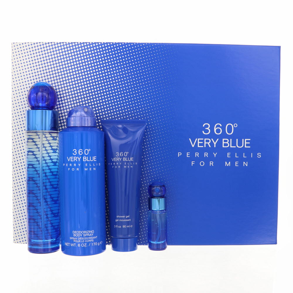 Perry Ellis 360 Very Blue For Men Cologne By Perry Ellis 4 Piece Gift Set - 3.4 Oz Eau De Toilette Spray, 0.25 Oz Eau De Toilette Spray, 6.0 Oz Deodorizing Body Spray, 3.0 Oz Shower Gel For Men In Gift Set