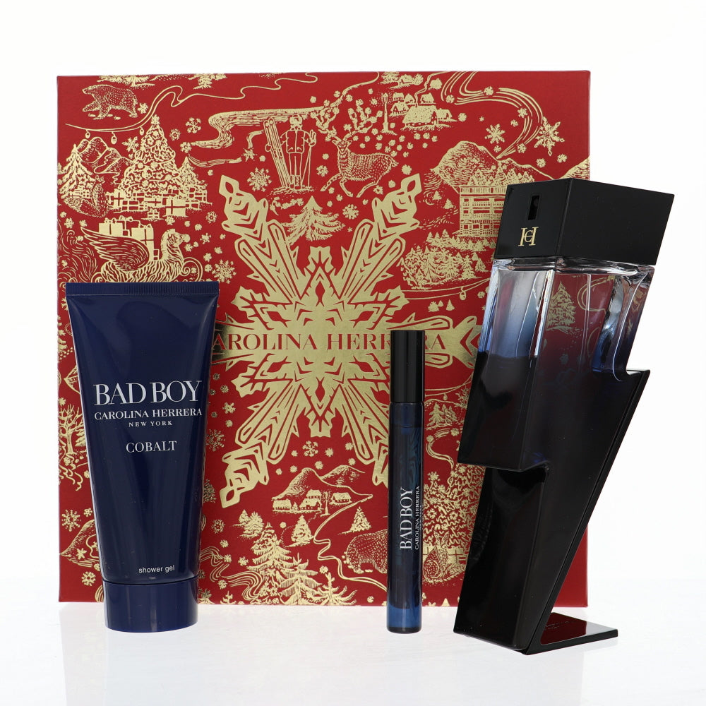 Bad Boy Cobalt Cologne By Carolina Herrera 3 Piece Gift Set - 3.4 Oz Eau De Parfum Spray, 0.34 Oz Eau De Parfum Spray, 3.4 Oz Shower Gel For Men In Gift Set