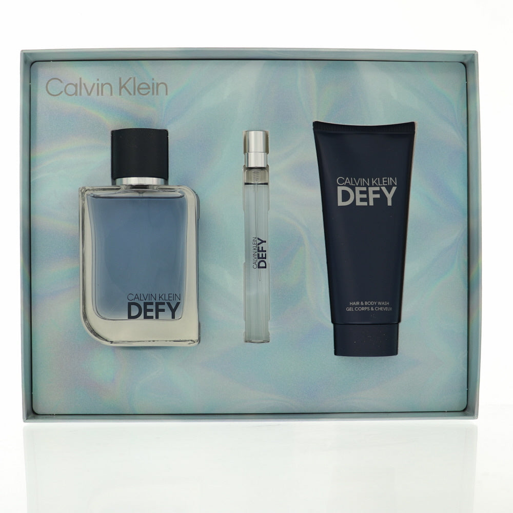 Defy Cologne By Calvin Klein 3 Piece Gift Set - 3.3 Oz Eau De Toilette Spray, 0.33 Oz Eau De Toilette Spray, 3.3 Oz Hair And Body Wash For Men In Gift Set