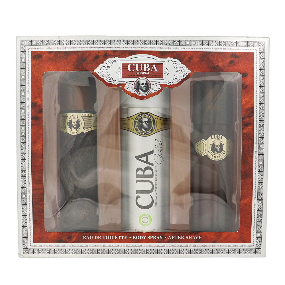 Cuba Gold Cologne By Cuba 3 Piece Gift Set - 3.3 Oz Eau De Toilette Spray, 6.6 Oz Body Spray, 3.3 Oz After Shave For Men In Gift Set