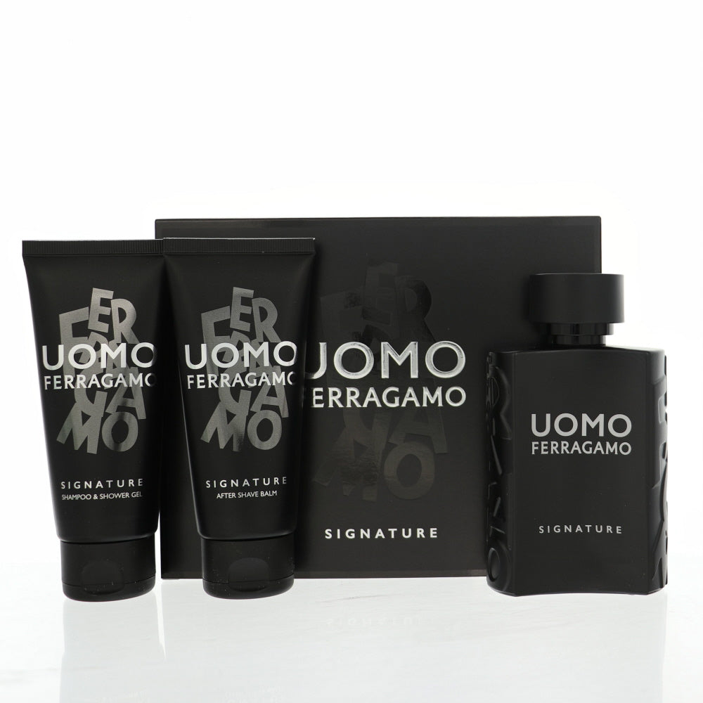 Uomo Signature Cologne By Salvatore Ferragamo 3 Piece Gift Set - 3.4 Oz Eau De Parfum Spray, 3.4 Oz Shampoo And Shower Gel, 3.4 Oz After Shave Balm For Men In Gift Set