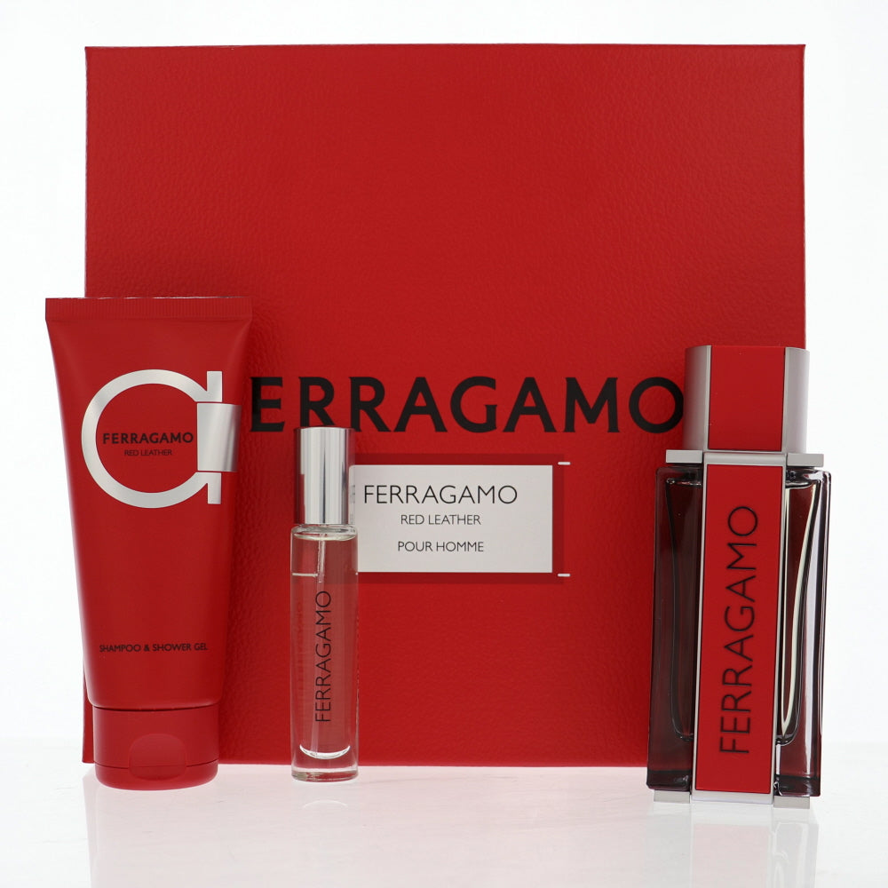Red Leather Cologne By Salvatore Ferragamo 3 Piece Gift Set - 3.4 Oz Eau De Parfum Spray, 0.34 Oz Eau De Parfum Spray, 3.4 Oz Shampoo And Shower Gel For Men In Gift Set