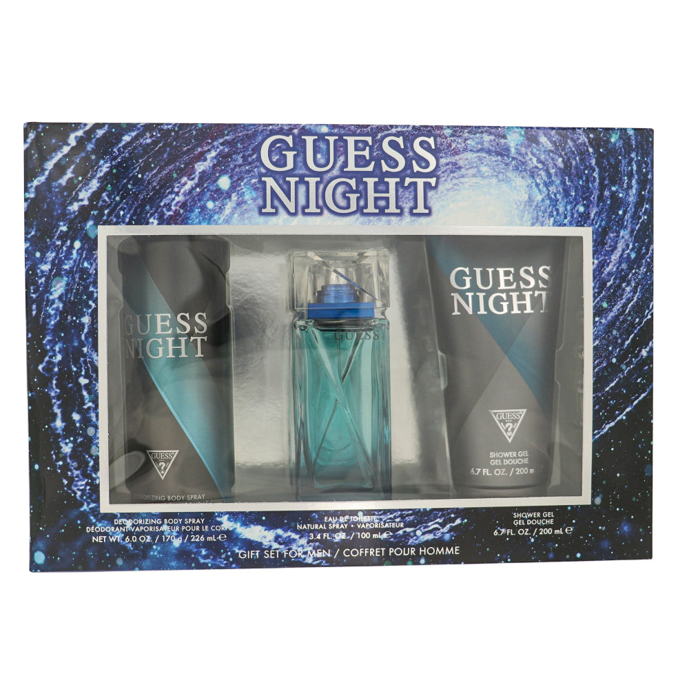 Guess Night Cologne By Guess 3 Piece Gift Set - 3.4 Oz Eau De Toilette Spray, 6.7 Oz Shower Gel, 6.0 Oz Deodorizing Body Spray For Men In Gift Set