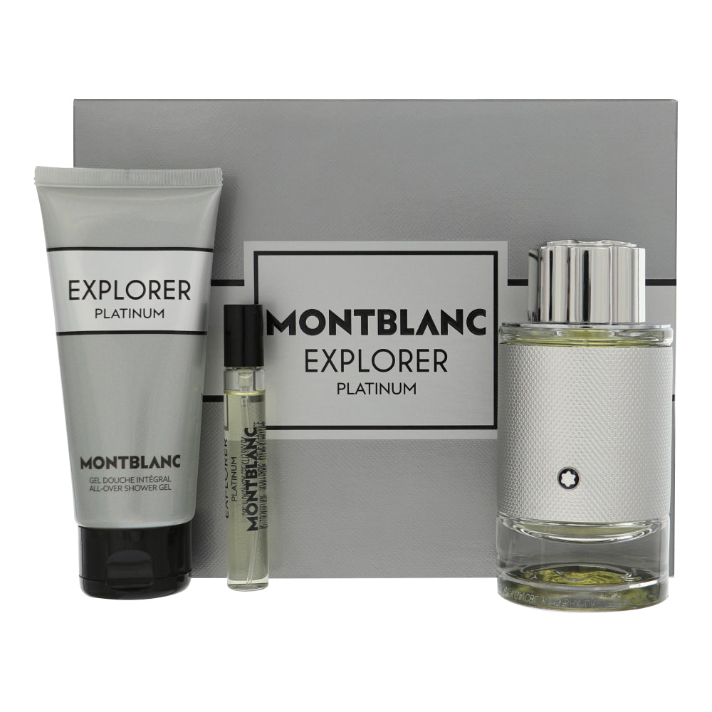 Explorer Platinum M by Mont Blanc 3 Pc Gift Set, 7.5 ml Sp + 3.4 oz Spray + 3.4 oz S.gel + 7.5 ml for Men - Perfumes4All