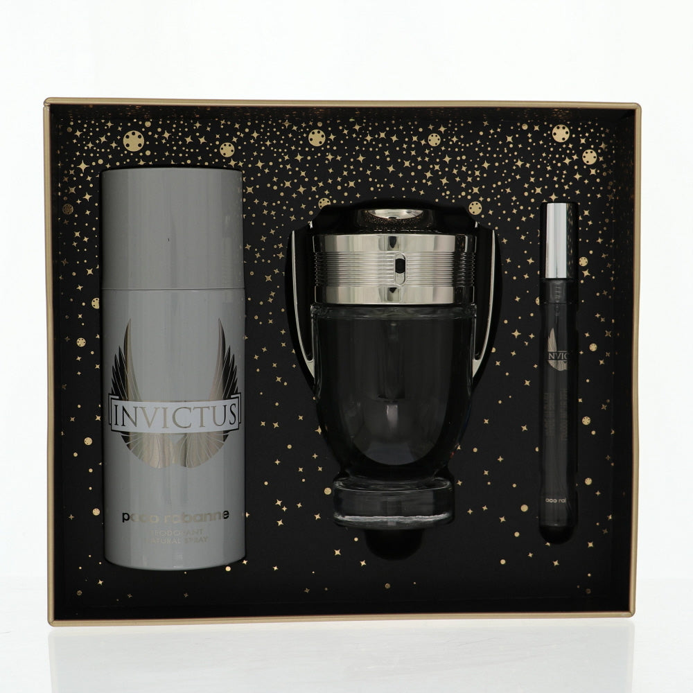 Paco Rabanne Invictus Cologne By Paco Rabanne 3 Piece Gift Set - 3.4 Oz Eau De Toilette Spray, 0.34 Oz Eau De Toilette Spray, 5.1 Oz Deodorant Spray For Men In Gift Set