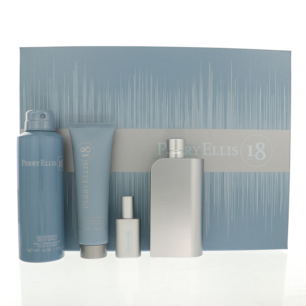 Perry Ellis 18 Cologne By Perry Ellis 4 Piece Gift Set - 3.4 Oz Eau De Toilette Spray, 0.25 Oz Eau De Toilette Spray, 6.0 Oz Deodorizing Body Spray, 3.0 Oz Hair & Body Wash For Men In Gift Set