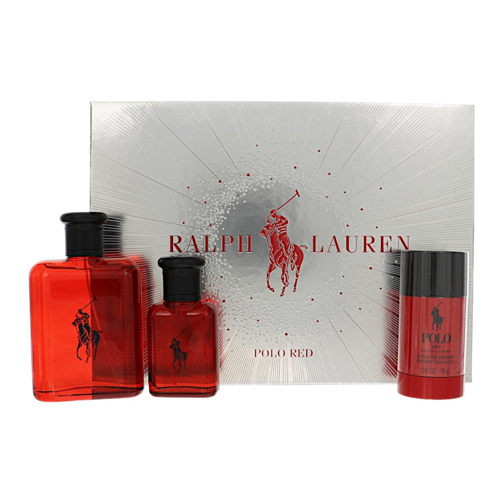 Polo Red M by Ralph Lauren 3 Pc Gift Set, EDT Sp + 4.2 oz Edt Spray + 1.4 oz Edt Spray + 2.5 oz Deo for Men - Perfumes4All