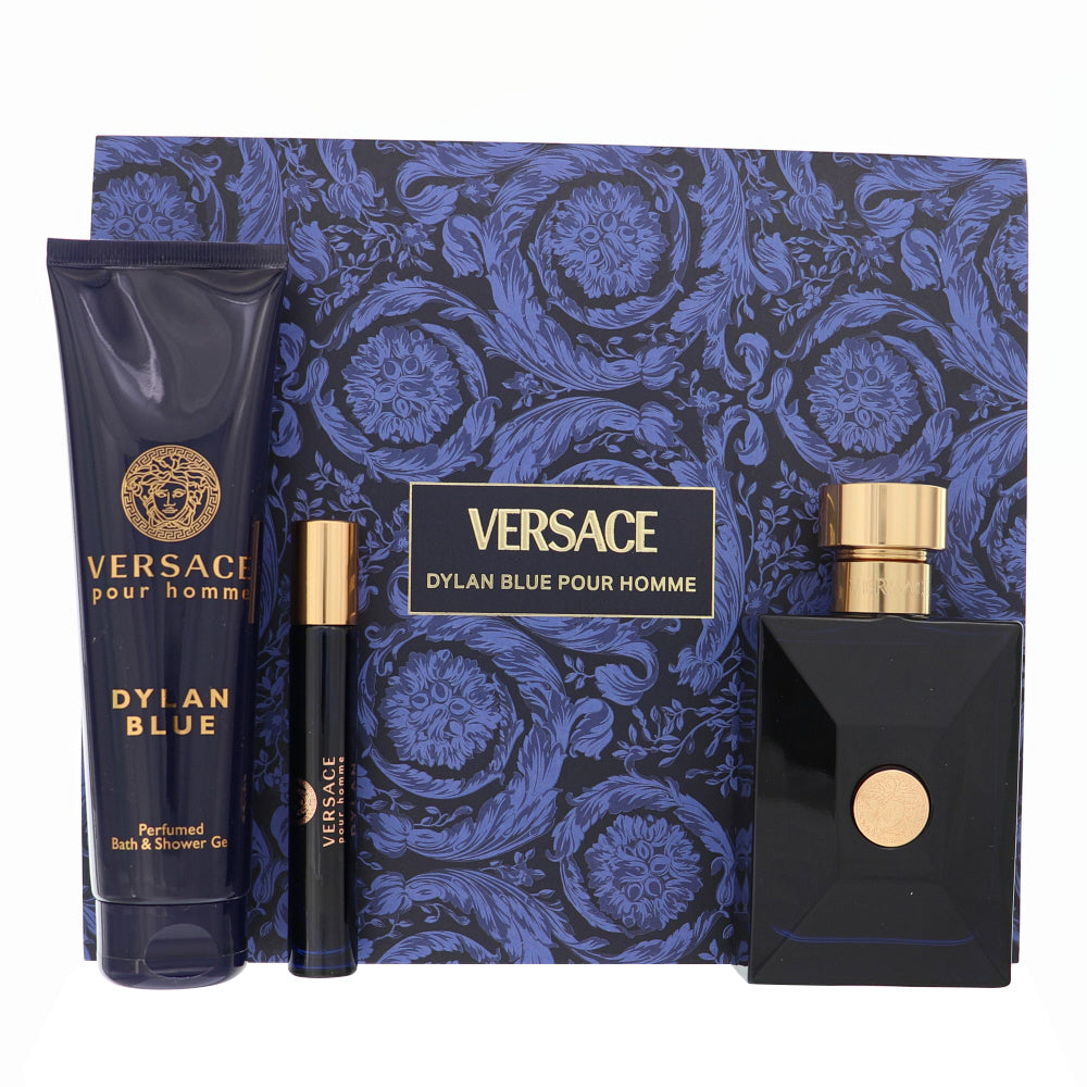 Versace Dylan Blue Cologne By Versace 3 Piece Gift Set - 5.0 Oz Eau De Toilette Spray, 0.3 Oz Eau De Toilette Spray, 3.4 Oz Bath & Shower Gel For Men In Gift Set