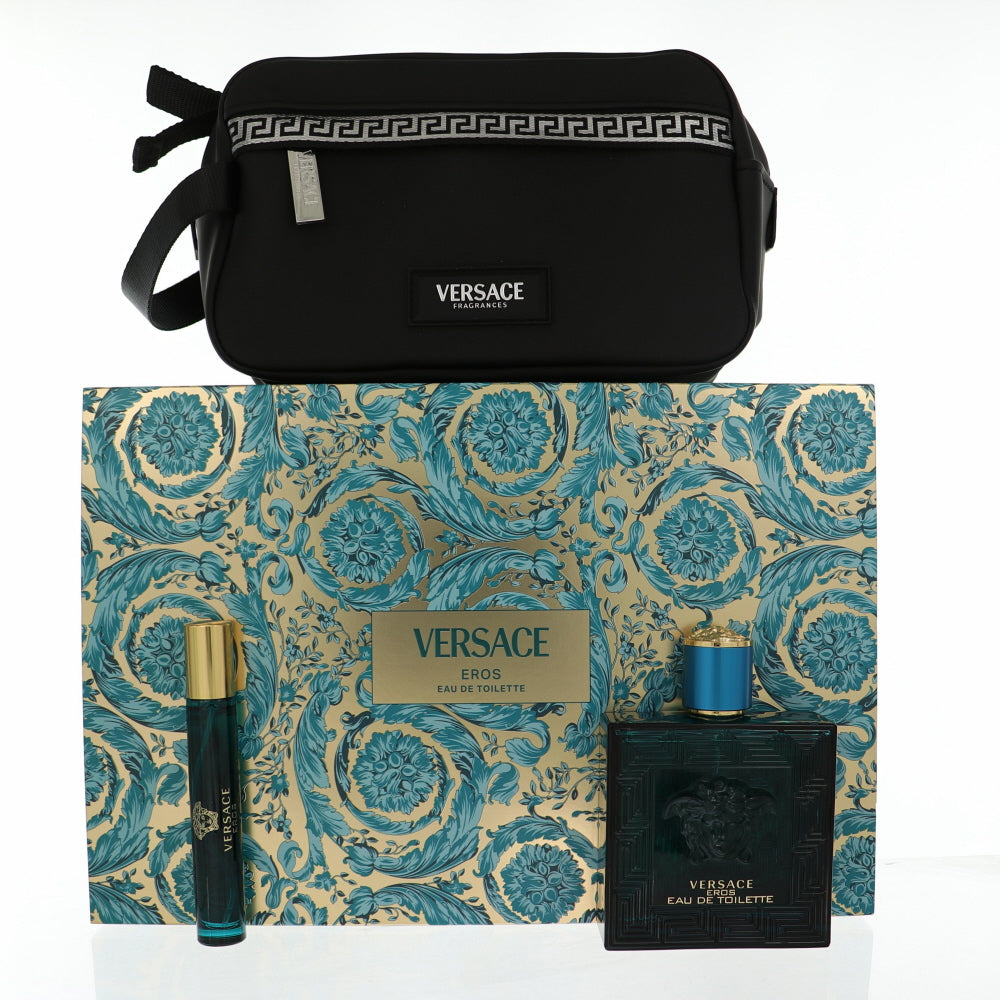 Versace Eros Cologne By Versace 3 Piece Gift Set - 3.4 Oz Eau De Toilette Spray, 0.3 Oz Eau De Toilette Spray,  Black Trousse For Men In Gift Set