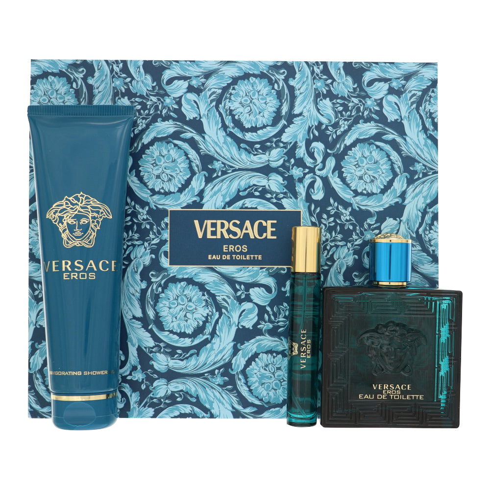 Versace Eros Cologne By Versace 3 Piece Gift Set - 3.4 Oz Eau De Toilette Spray, 0.3 Oz Eau De Toilette Spray, 5.0 Oz Shower Gel For Men In Gift Set