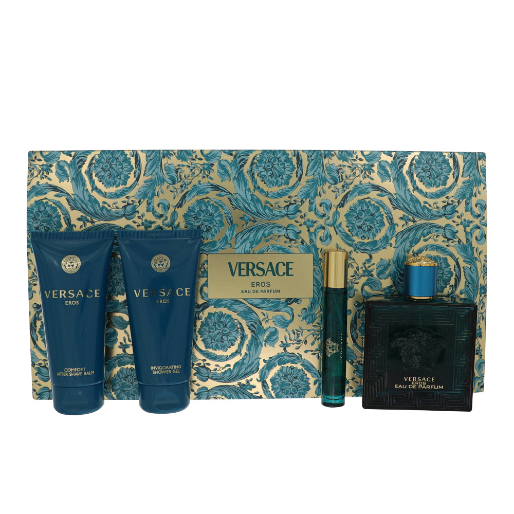 Versace Eros Cologne By Versace 4 Piece Gift Set - 3.4 Oz Eau De Parfum Spray, 0.3 Oz Eau De Parfum Spray, 2.5 Oz Invigorating Shower Gel, 2.5 Oz Comfort After Shave Balm For Men In Gift Set