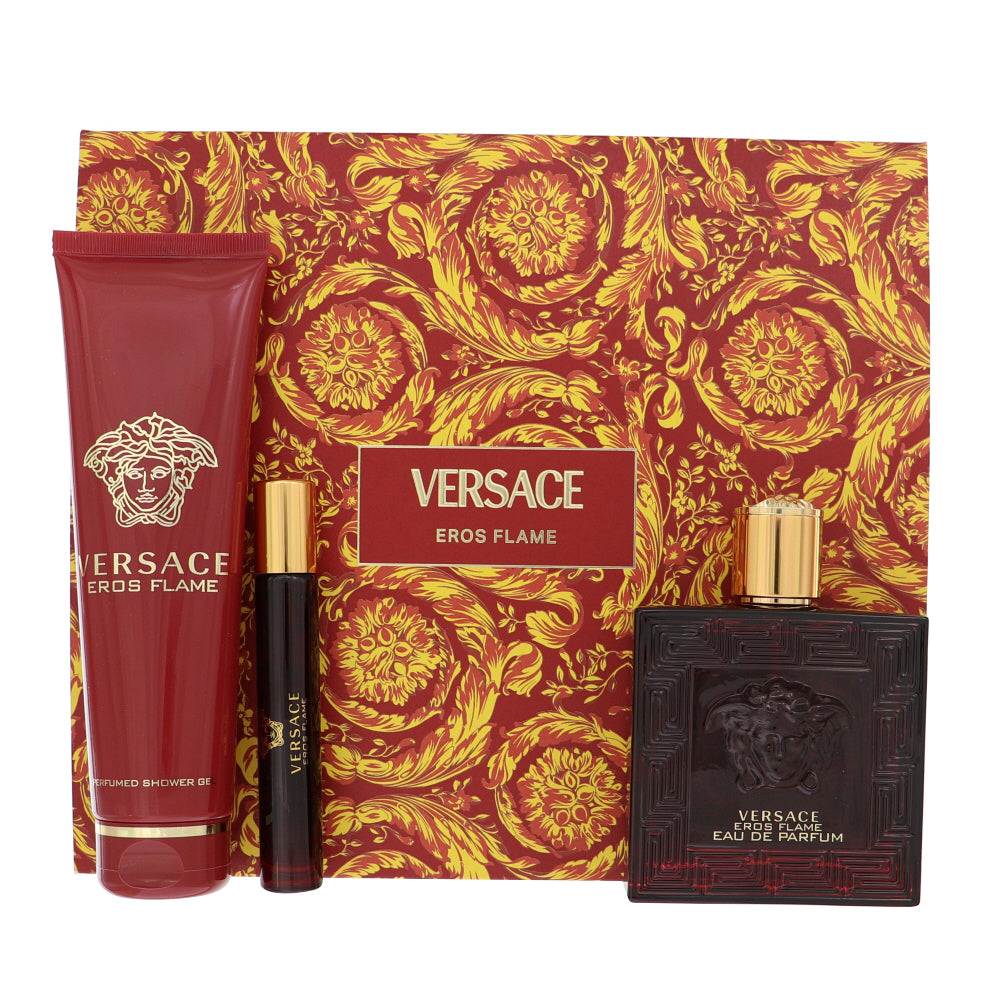 Versace Eros Flame Cologne By Versace 3 Piece Gift Set - 3.4 Oz Eau De Parfum Spray, 0.3 Oz Eau De Parfum Splash, 5.0 Oz Shower Gel For Men In Gift Set