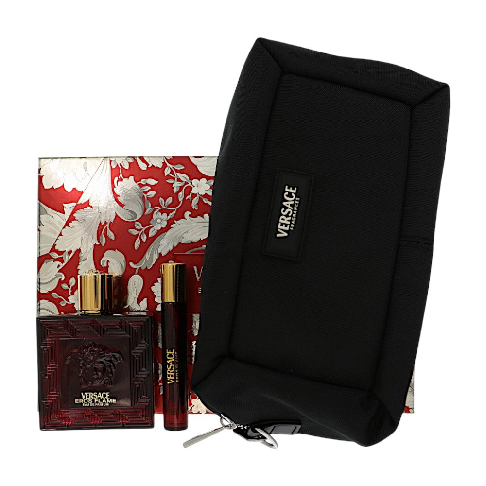 Eros Flame M by Versace 3 Pc Gift Set, 10 ml Sp + 3.4 oz Spray + 10 ml Spray + Pouch for Men - Perfumes4All