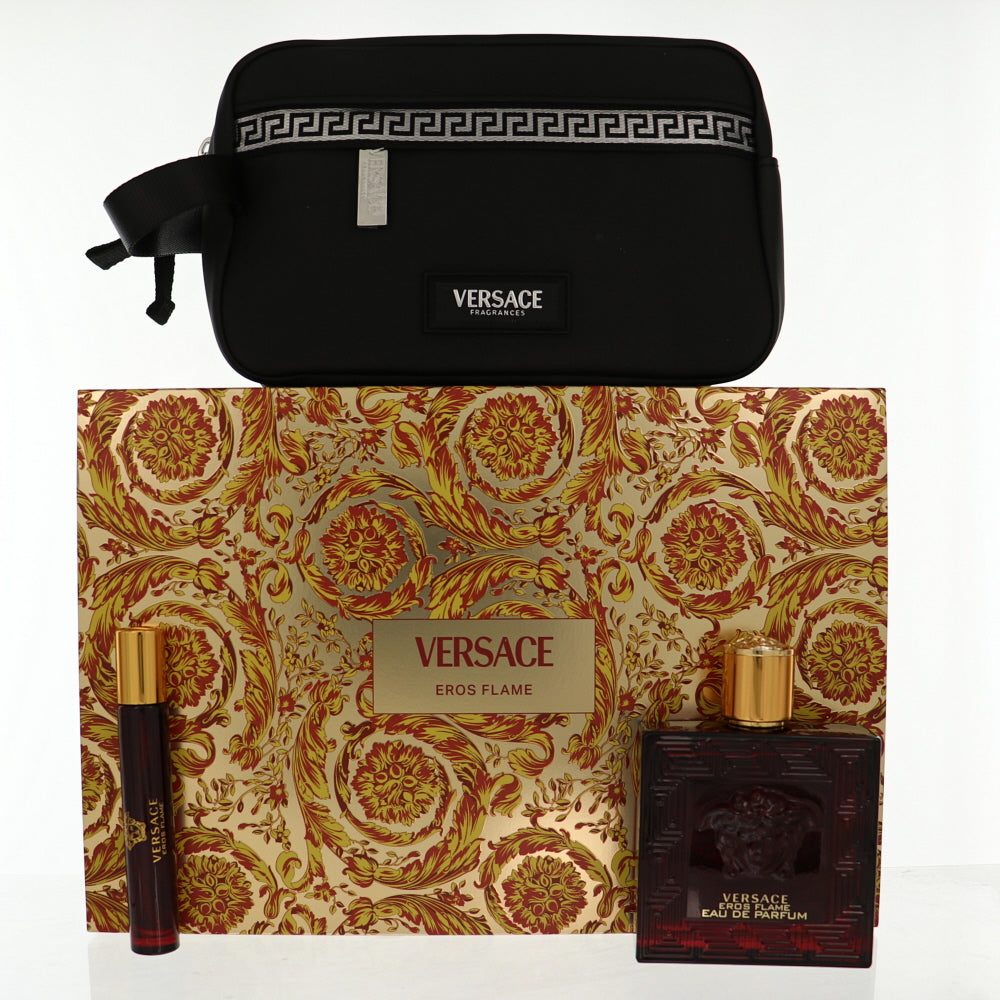Versace Eros Flame Cologne By Versace 3 Piece Gift Set - 3.4 Oz Eau De Parfum Spray, 0.3 Oz Eau De Parfum Spray,  Black Trousse For Men In Gift Set