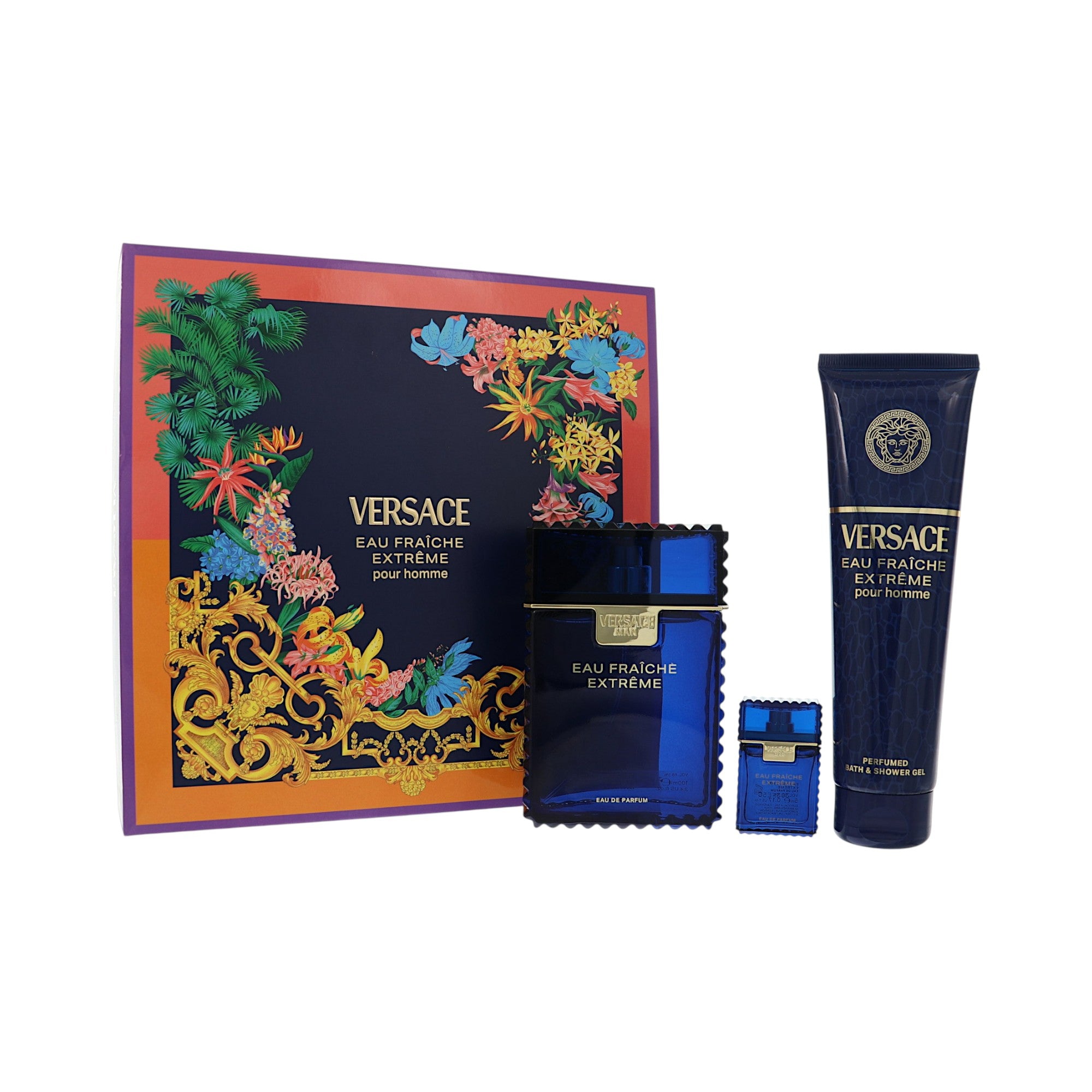 Eau Fraiche Extreme Pour Homme by Versace 3 Pc Gift Set, 5 ml EDP Sp + 3.4 oz Edp Spray + 5.0 oz S/Gel + 5 ml Edp for Men