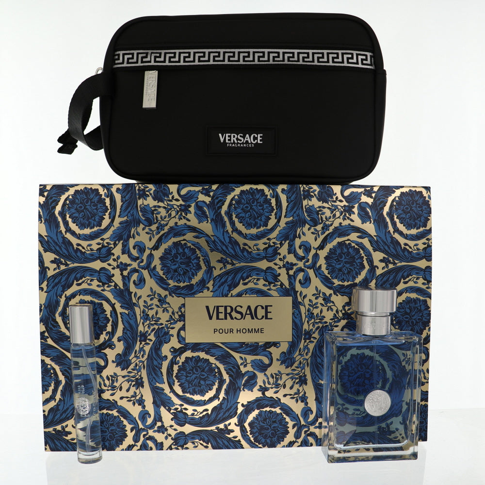Versace Pour Homme Cologne By Versace 3 Piece Gift Set - 3.4 Oz Eau De Toilette Spray, 0.3 Oz Eau De Toilette Spray,  Travel Pouch For Men In Gift Set