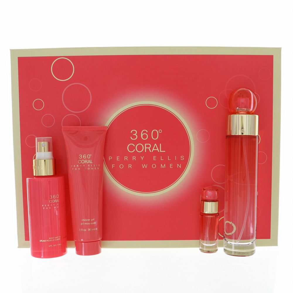 360 Coral Perfume By Perry Ellis 4 Piece Gift Set - 3.4 Oz Eau De Parfum Spray, 0.25 Oz Eau De Parfum Spray, 3.0 Oz Shower Gel, 4.0 Oz Body Mist Spray For Women In Gift Set