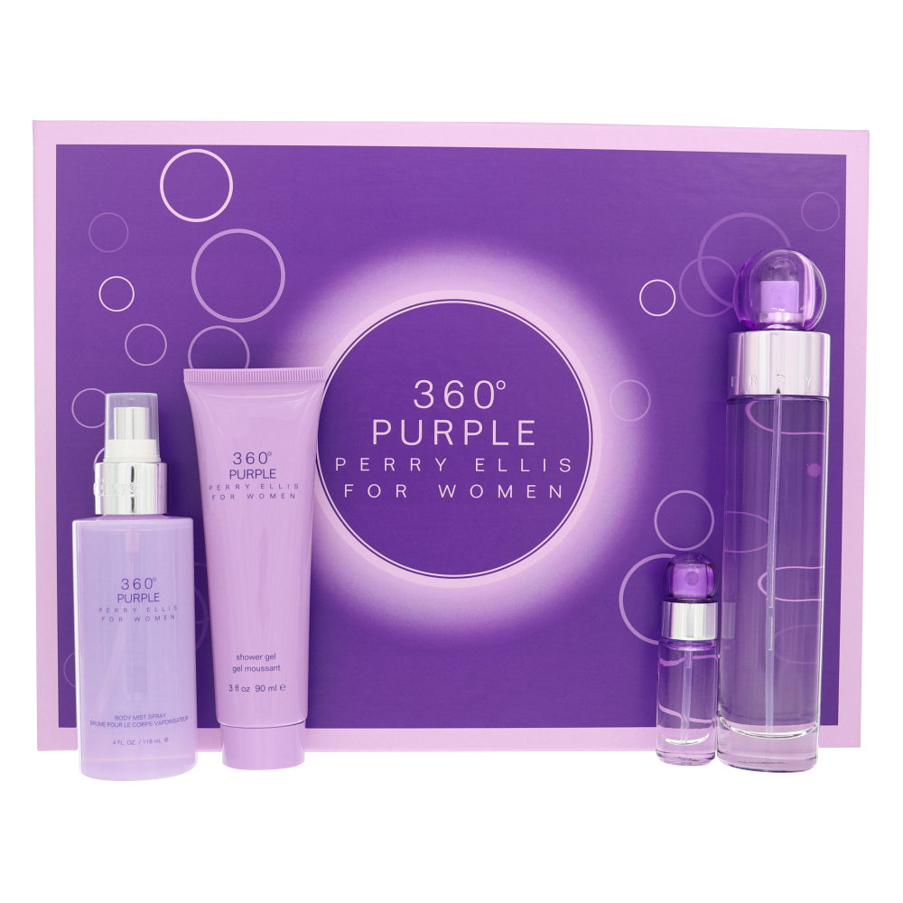 Perry Ellis 360 Purple Perfume By Perry Ellis 4 Piece Gift Set - 3.4 Oz Eau De Parfum Spray, 0.25 Oz Eau De Parfum Spray, 3.0 Oz Shower Gel, 4.0 Oz Body Mist Spray For Women In Gift Set
