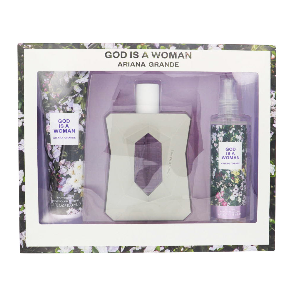 Ariana Grande God Is A Woman Perfume By Ariana Grande 3 Piece Gift Set - 3.4 Oz Eau De Parfum Spray, 4.0 Oz Body Mist, 3.4 Oz Body Souffle For Women In Gift Set
