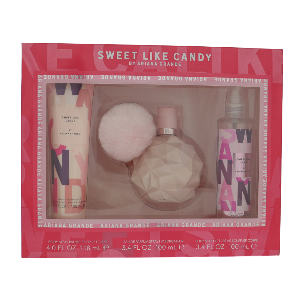 Sweet Like Candy Perfume By Ariana Grande 3 Piece Gift Set - 3.4 Oz Eau De Parfum Spray, 4.0 Oz Body Mist, 3.4 Oz Body Souffle For Women In Gift Set