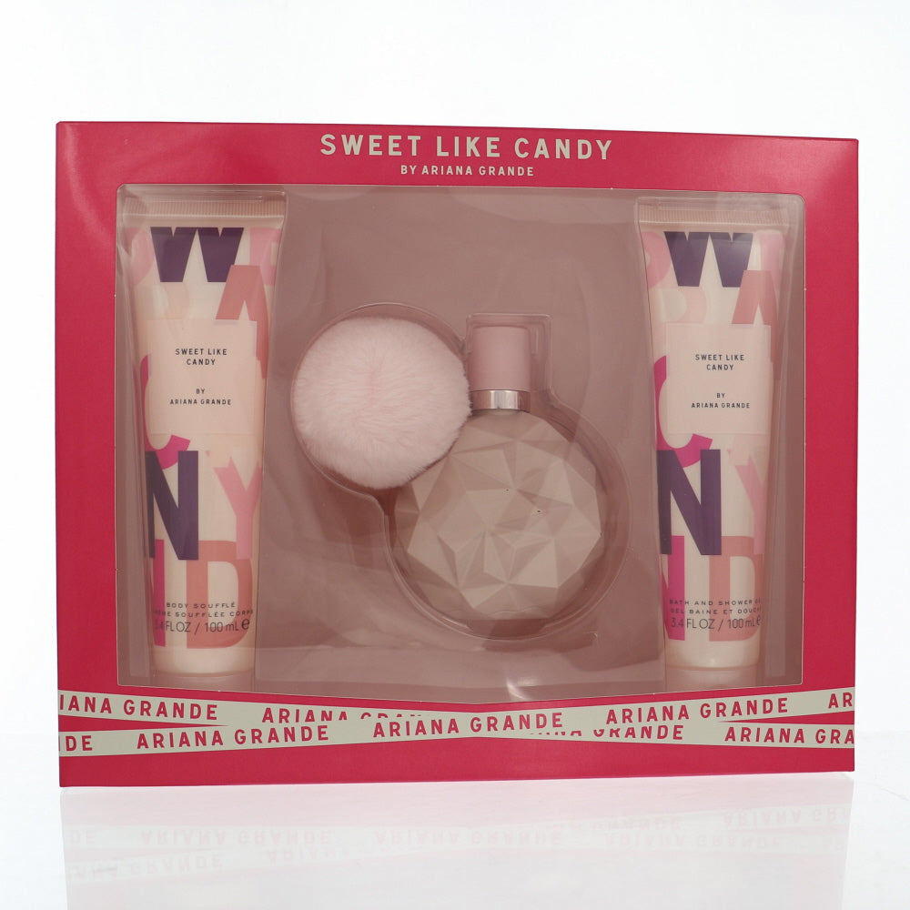 Sweet Like Candy Perfume By Ariana Grande 3 Piece Gift Set - 3.4 Oz Eau De Parfum Spray, 3.4 Oz Bath & Shower Gel, 3.4 Oz Body Souffle For Women In Gift Set