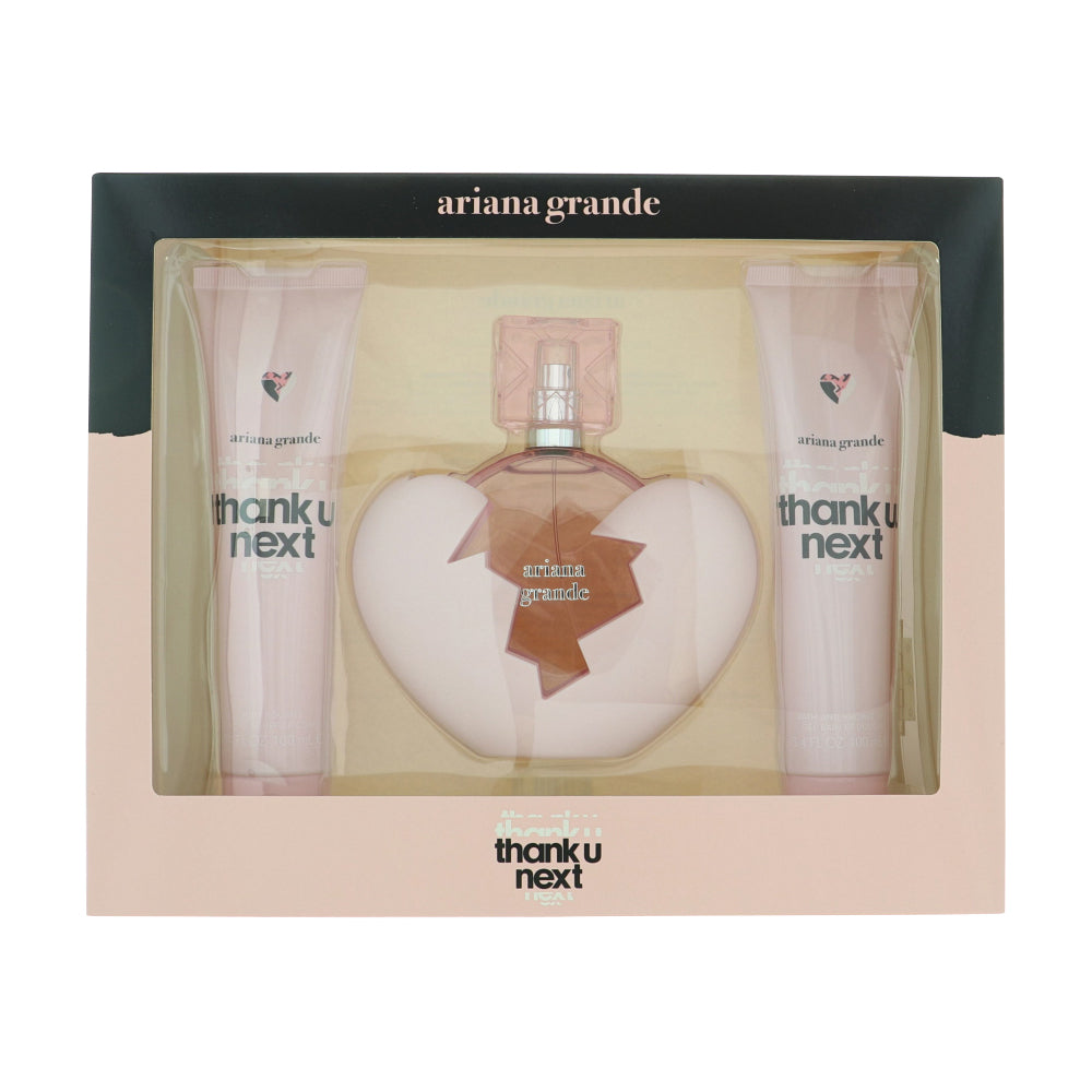 Thank U Next Perfume By Ariana Grande 3 Piece Gift Set - 3.4 Oz Eau De Parfum Spray, 3.4 Oz Bath And Shower Gel, 3.4 Oz Body Souffle For Women In Gift Set