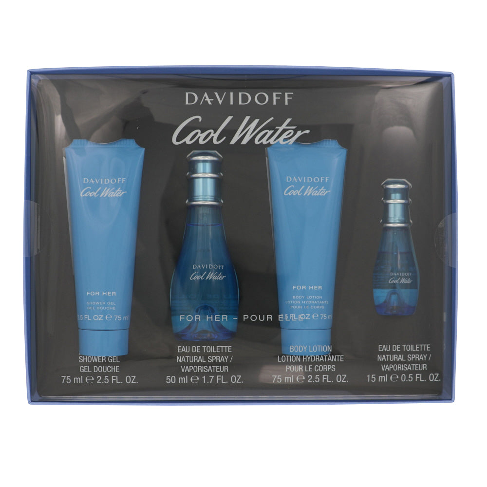 Cool Water Perfume By Davidoff 4 Piece Gift Set - 1.7 Oz Eau De Toilette Spray, 0.5 Oz Eau De Toilette Spray, 2.5 Oz Shower Gel, 2.5 Oz Body Lotion For Women In Gift Set