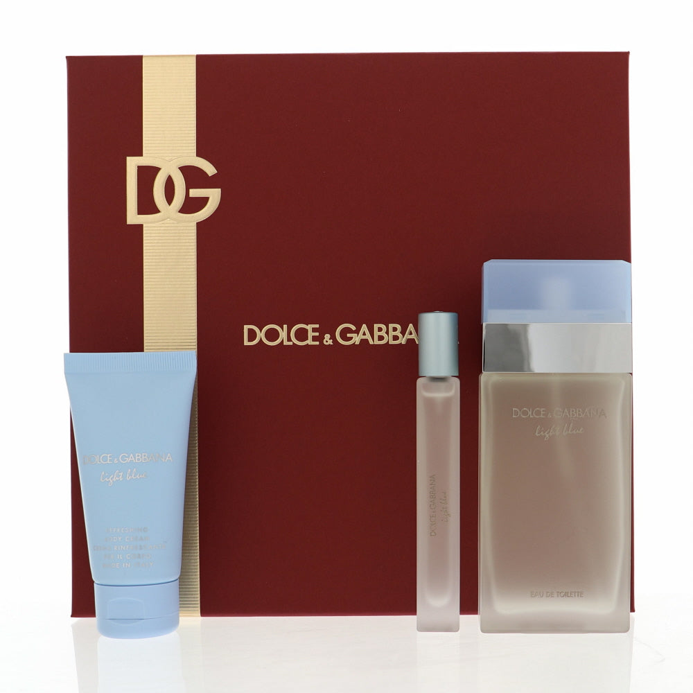 D & G Light Blue Perfume By Dolce & Gabbana 3 Piece Gift Set - 3.3 Oz Eau De Toilette Spray, 0.33 Oz Eau De Toilette Spray, 1.7 Oz Refreshing Body Cream For Women In Gift Set