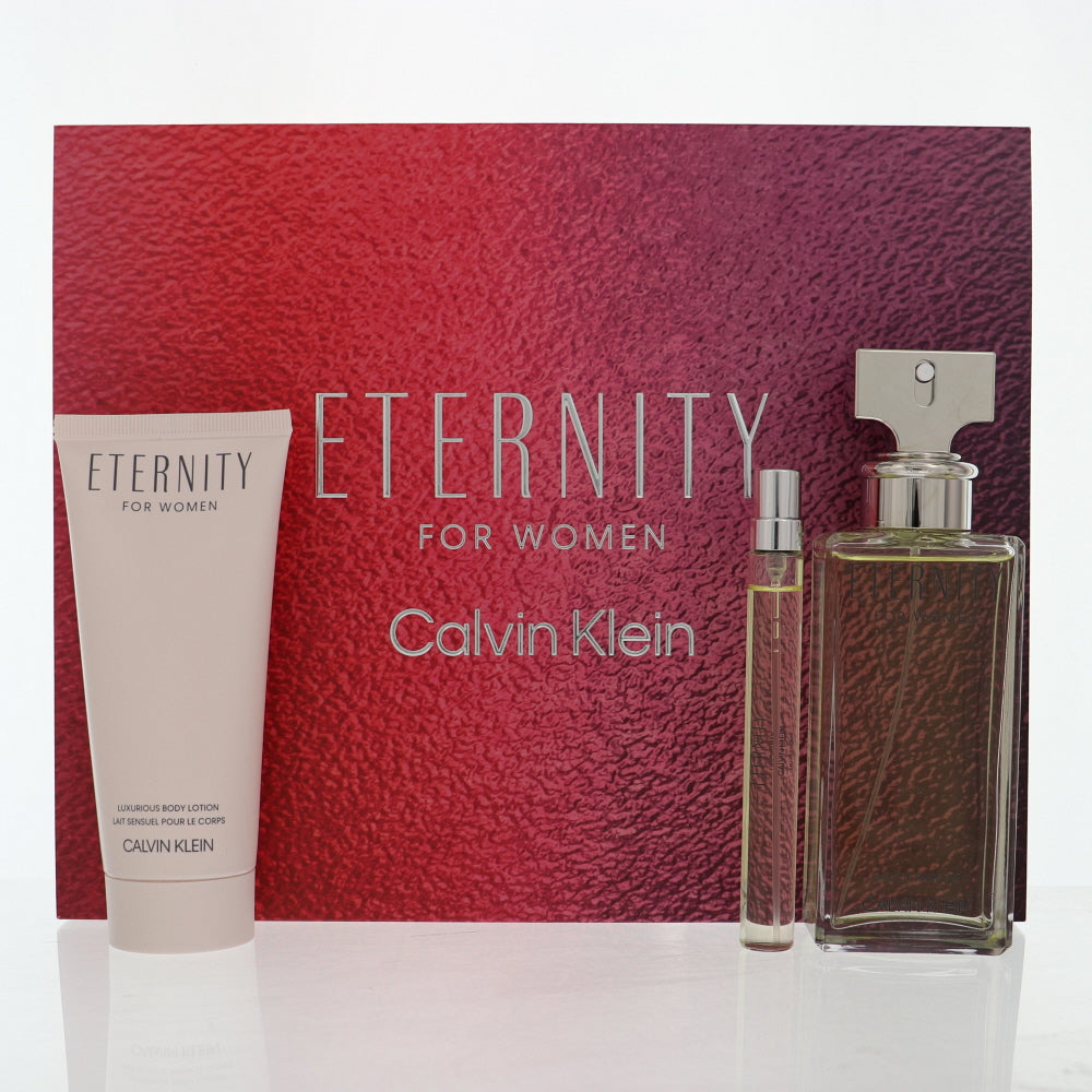 Eternity Perfume By Calvin Klein 3 Piece Gift Set - 3.3 Oz Eau De Parfum Spray, 0.33 Oz Eau De Parfum Spray, 3.3 Oz Body Lotion For Women In Gift Set