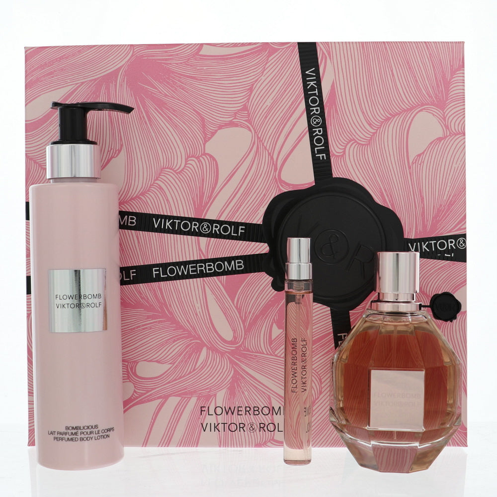 Flower Bomb Perfume By Viktor & Rolf 3 Piece Gift Set - 3.4 Oz Eau De Parfum Spray, 0.34 Oz Eau De Parfum Spray, 6.7 Oz Body Lotion For Women In Gift Set