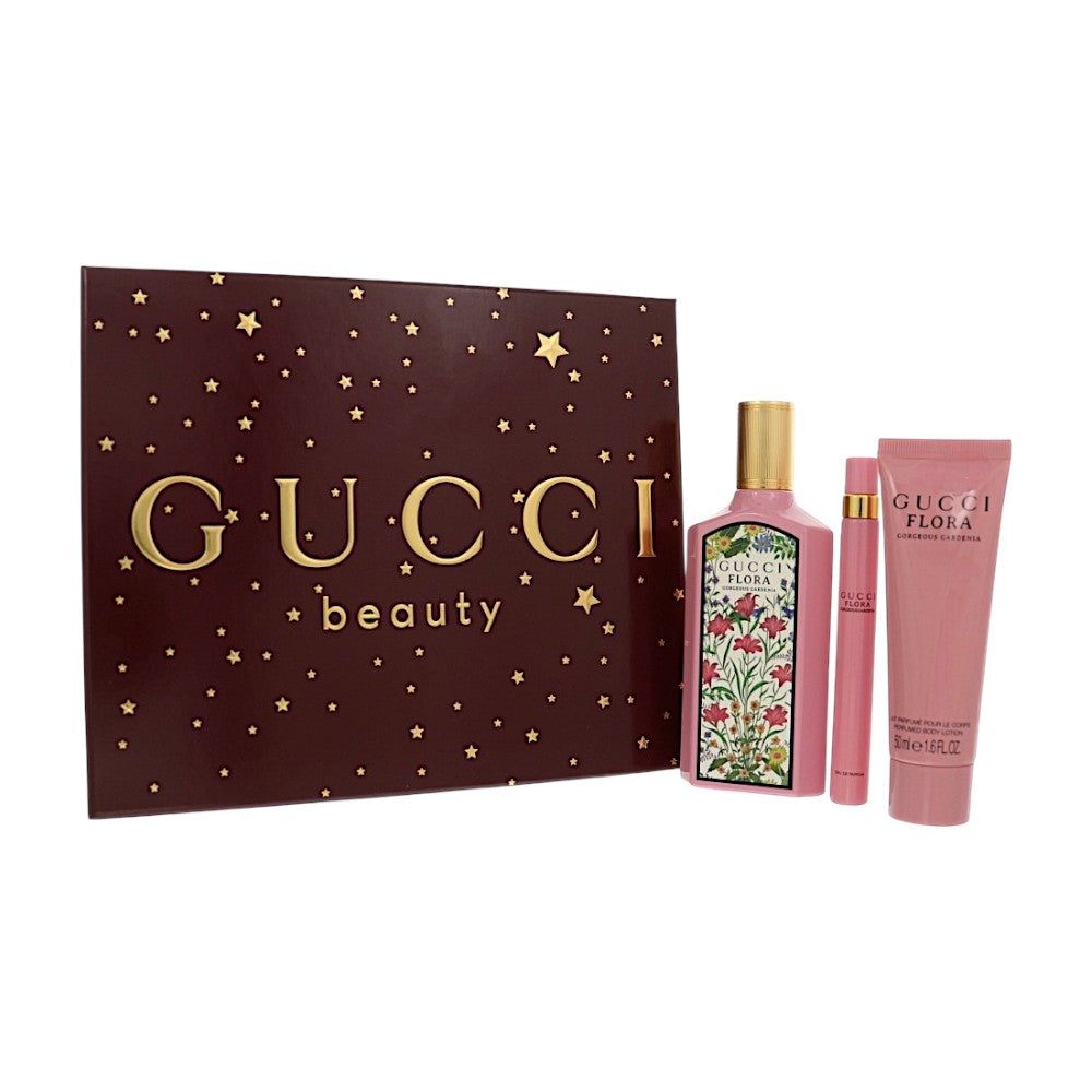 Flora Gorgeous Gardenia L by Gucci 3 Pc Gift Set, 10 ml Sp + 3.4 oz Spray + 1.6 oz B/L + 10 ml Spray for Women - Perfumes4All