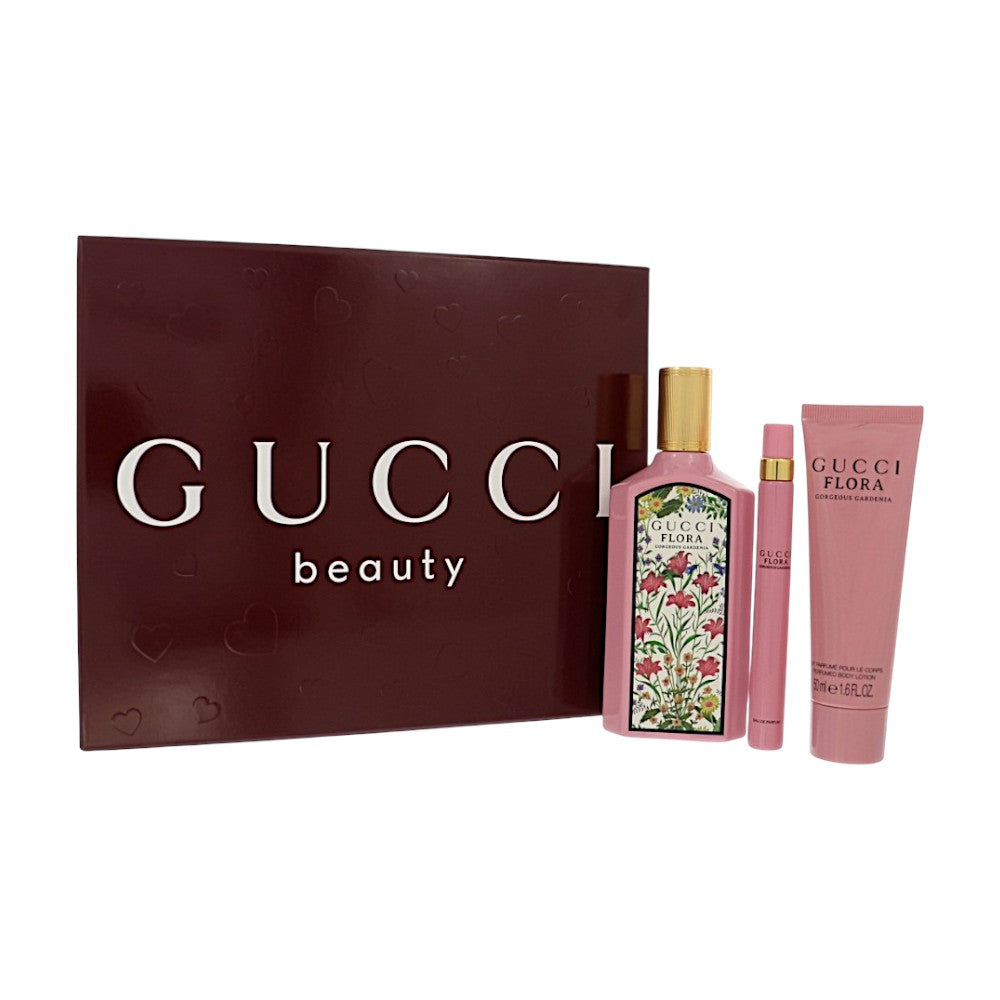 Flora Gorgeous Gardenia L by Gucci 3 Pc Gift Set, 10 ml Sp + 3.4 oz Spray + 1.6 oz B/L + 10 ml Spray for Women
