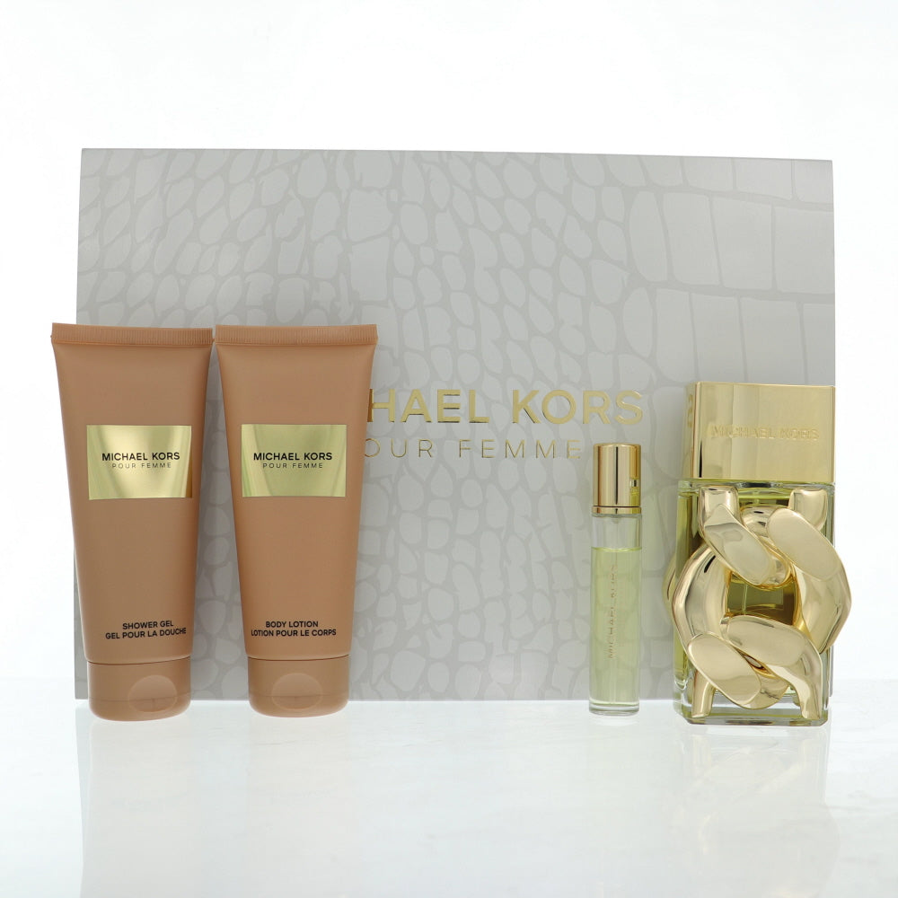 Michael Kors Pour Femme Perfume By Michael Kors 4 Piece Gift Set - 3.4 Oz Eau De Parfum Spray, 0.3 Oz Eau De Parfum Spray, 3.4 Oz Shower Gel, 3.4 Oz Body Lotion For Women In Gift Set