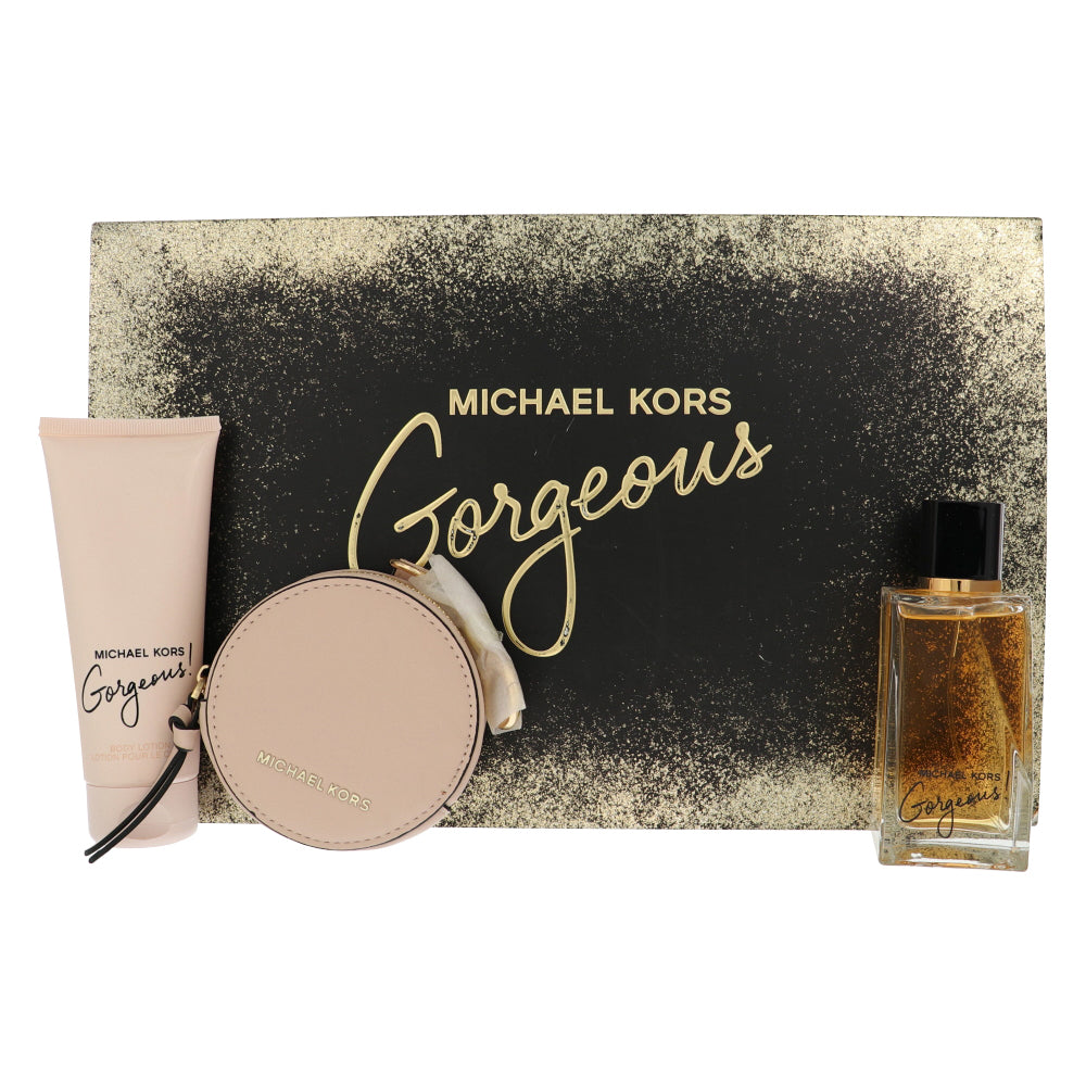 Michael Kors Gorgeous Perfume By Michael Kors 3 Piece Gift Set - 3.4 Oz Eau De Parfum Spray, 3.4 Oz Body Lotion,  Round Purse For Women In Gift Set