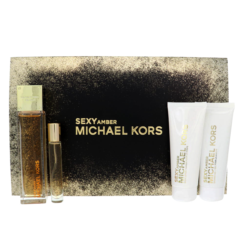 Michael Kors Sexy Amber Perfume By Michael Kors 4 Piece Gift Set - 3.4 Oz Eau De Parfum Spray, 0.17 Oz Eau De Parfum Spray, 3.4 Oz Shower Gel, 3.4 Oz Body Lotion For Women In Gift Set